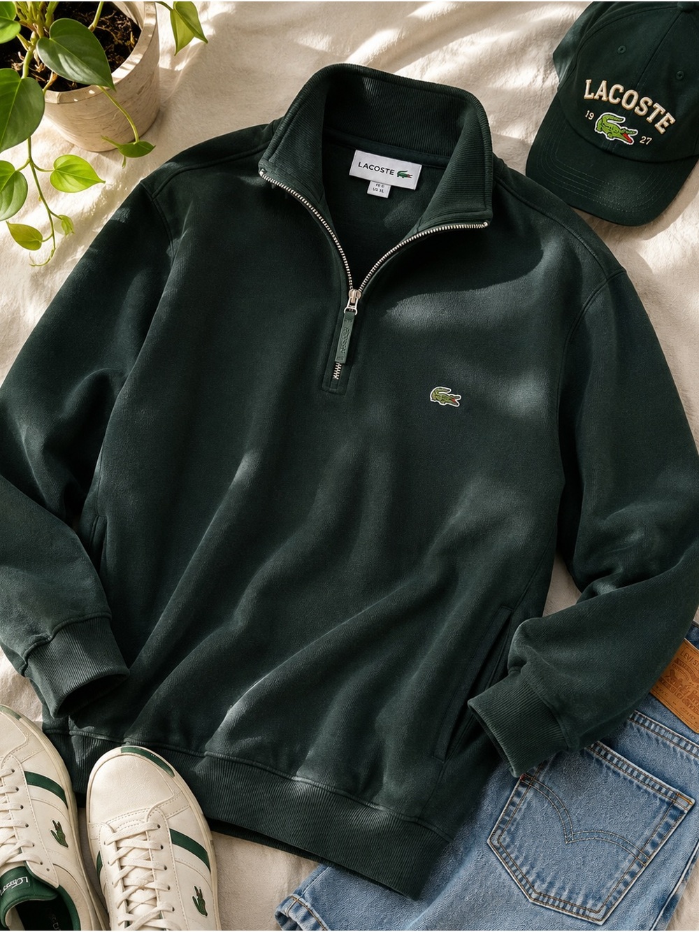 Lacoste Men’s XL Dark Green Quarter Zip Pullover Croc Logo